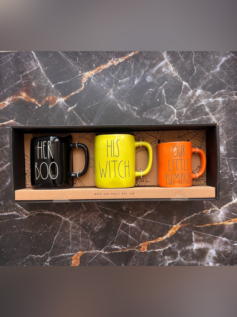 Rae Dunn 3-piece Ceramic Halloween Mug HER BOO, HIS WITCH, OUR LITTLE PUMPKIN
